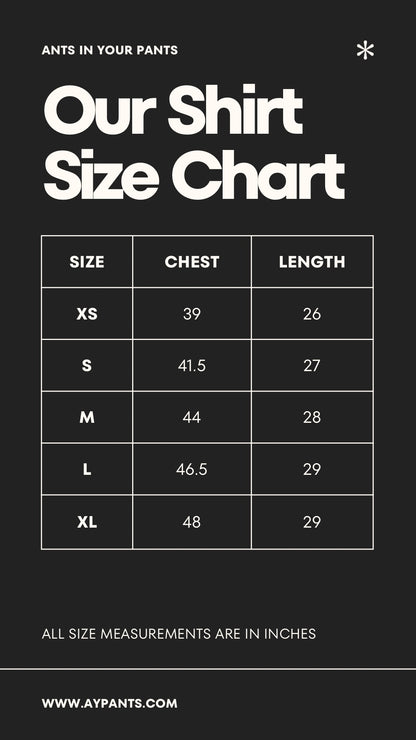 Shirt size chart with measurements on a black background