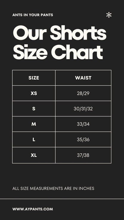 Shorts size chart with waist measurements on a black background