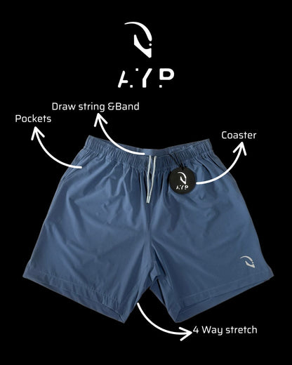 Blue shorts with features labeled on a black background