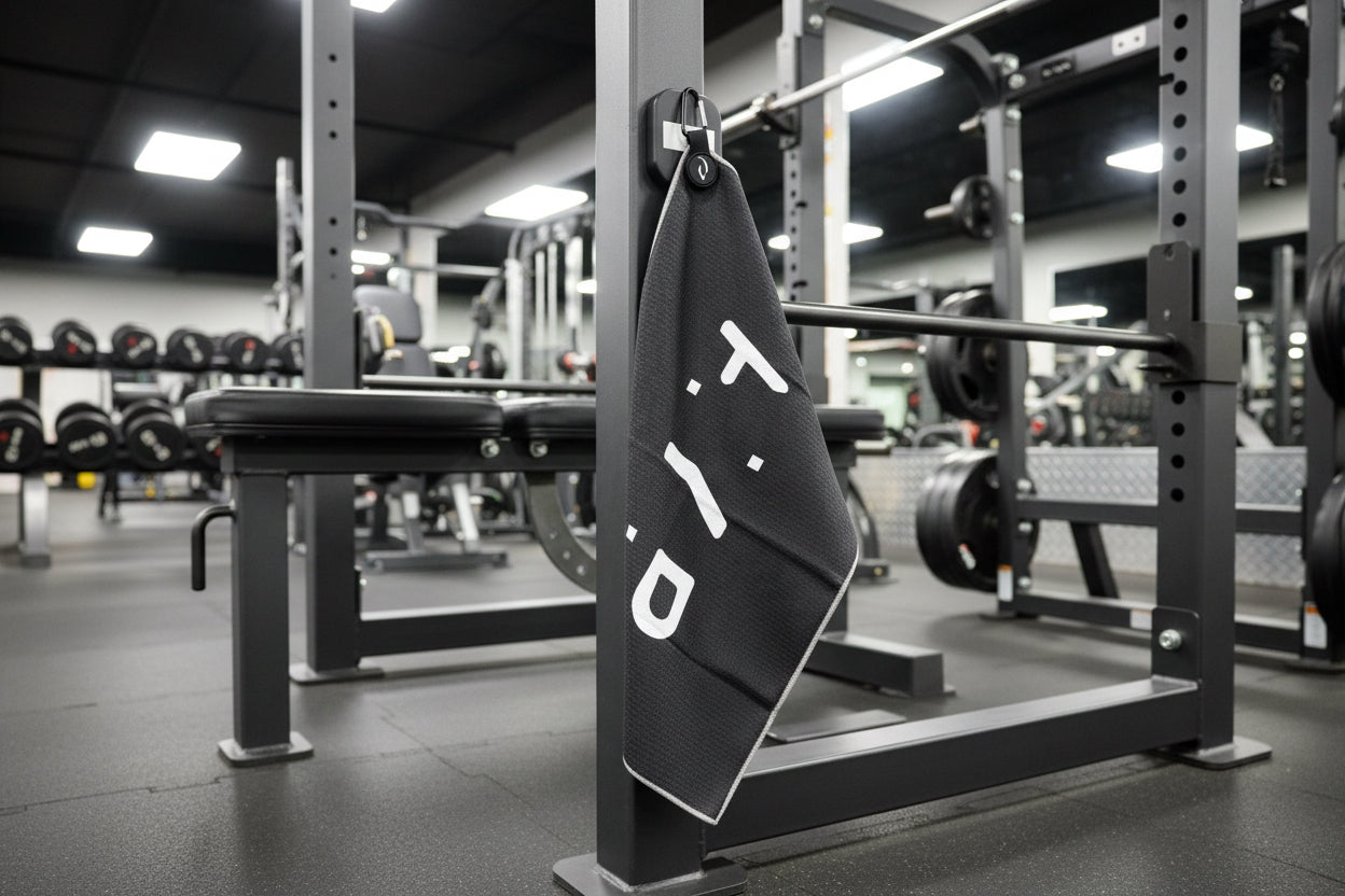 Gym towel with 'AYP' branding hanging on a barbell rack in a gym.
